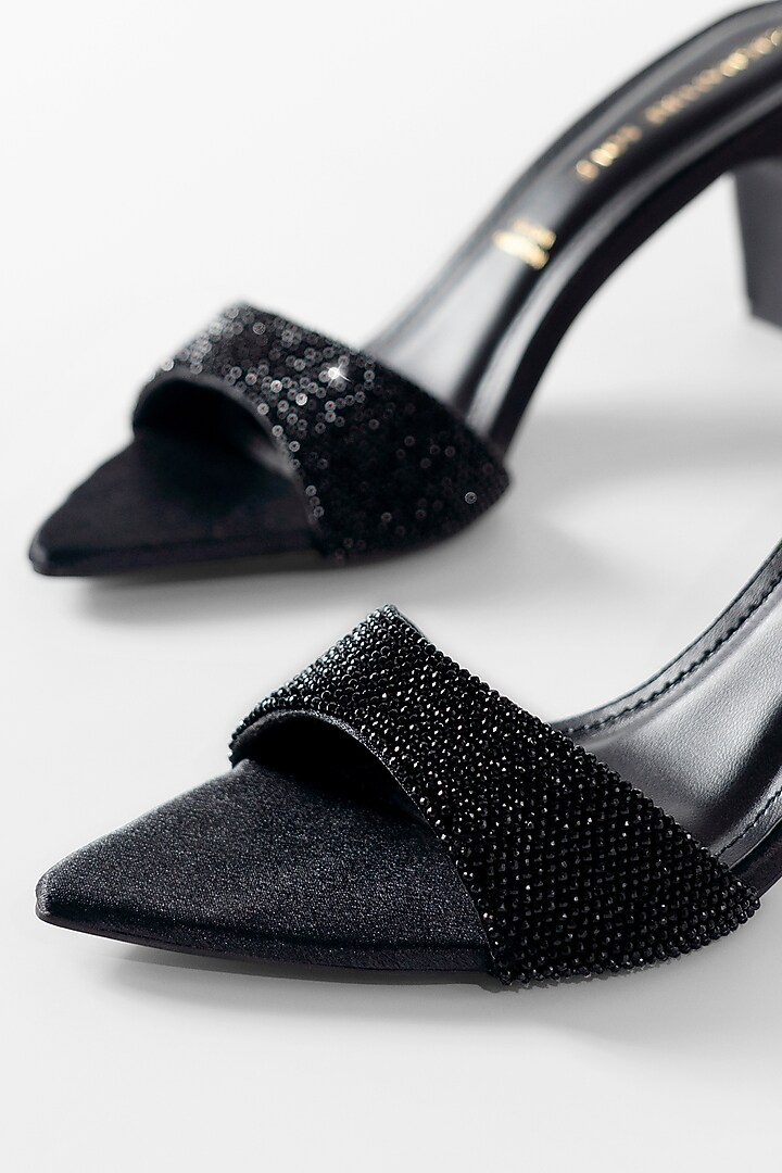 Black Vegan Leather Crystal Heels by Signature Sole at Pernia's Pop Up Shop