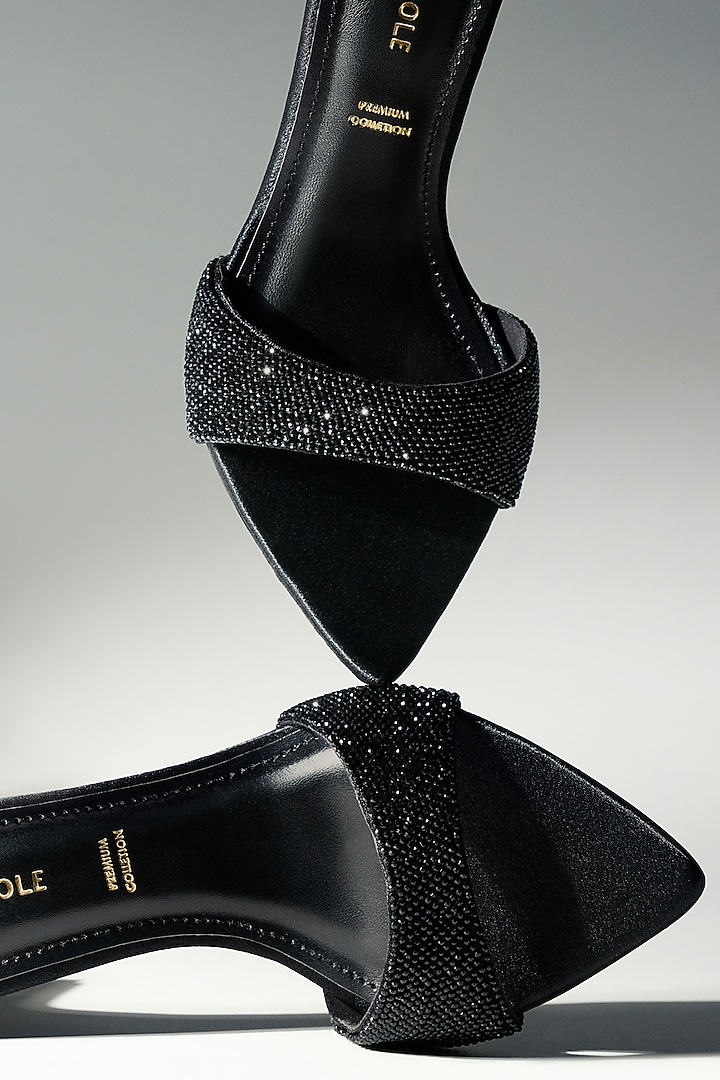 Black Vegan Leather Crystal Heels by Signature Sole at Pernia's Pop Up Shop
