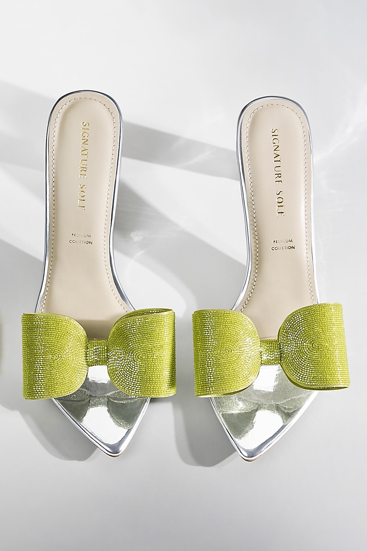 Green Vegan Leather Crystal Bow Heels by Signature Sole at Pernia's Pop Up Shop