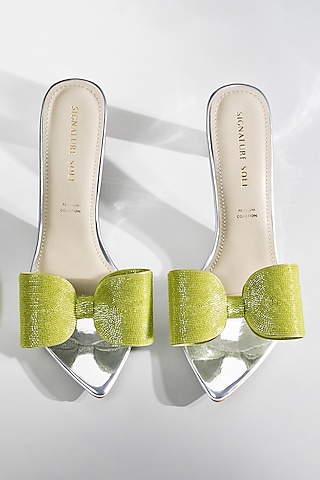 Green Vegan Leather Crystal Bow Heels by Signature Sole