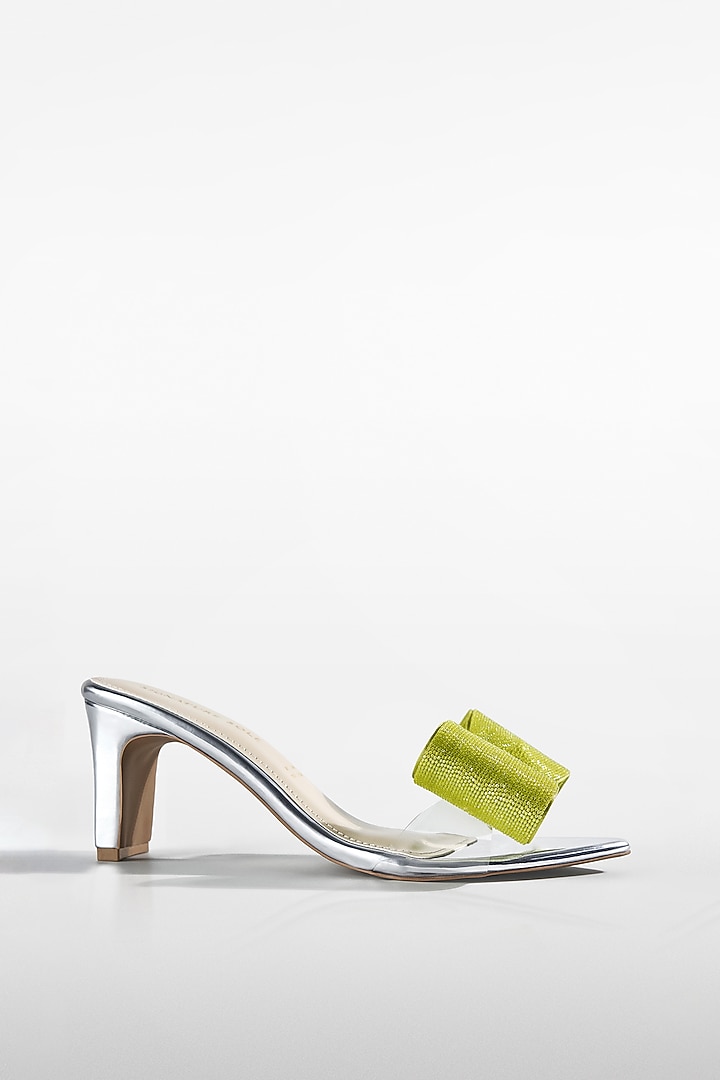 Green Vegan Leather Crystal Bow Heels by Signature Sole at Pernia's Pop Up Shop