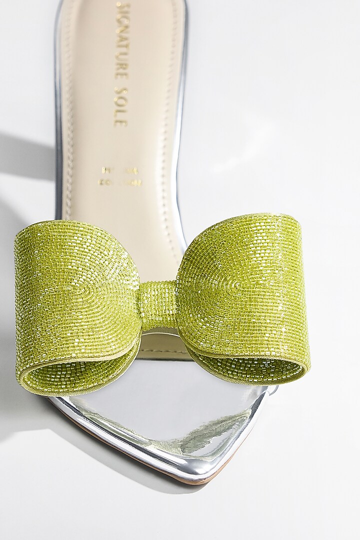 Green Vegan Leather Crystal Bow Heels by Signature Sole at Pernia's Pop Up Shop