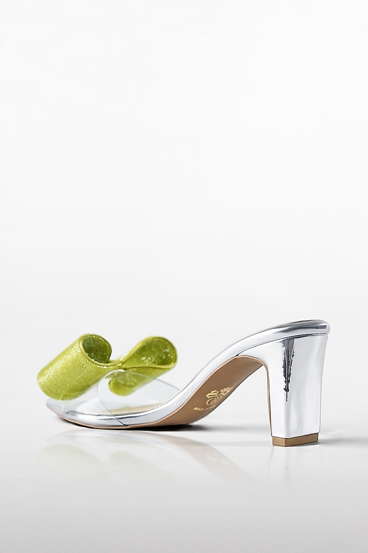 Green Vegan Leather Crystal Bow Heels by Signature Sole at Pernia's Pop Up Shop