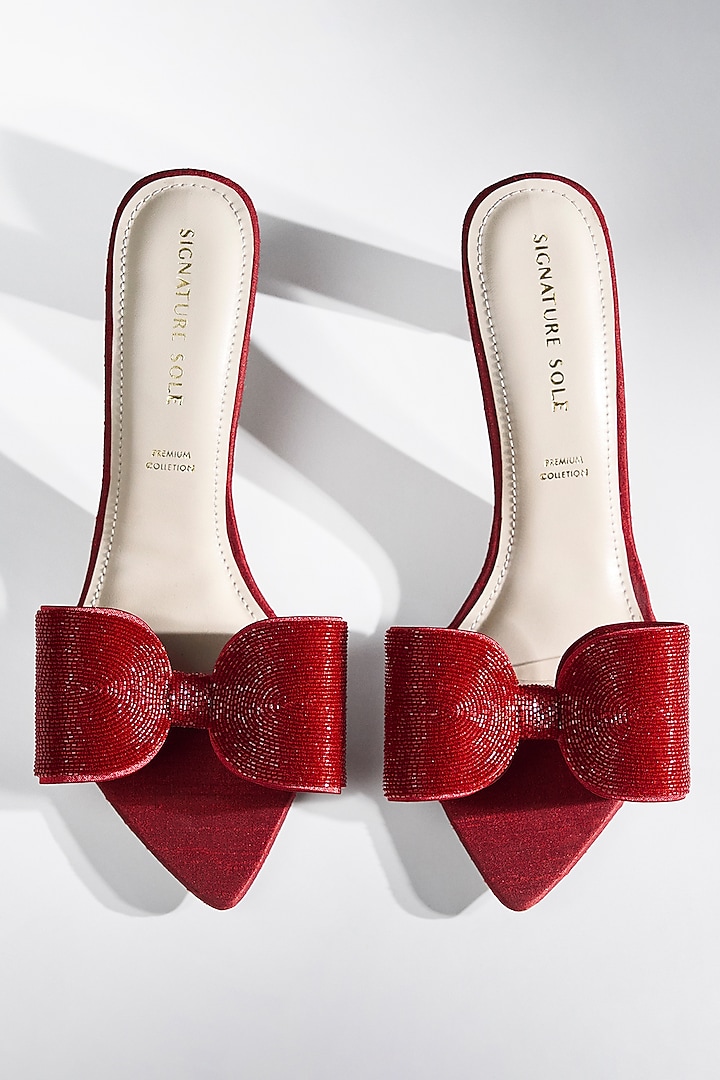 Red Satin Crystal Bow Heels by Signature Sole at Pernia's Pop Up Shop