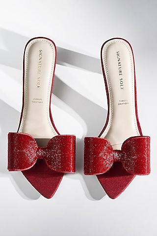 Red Satin Crystal Bow Heels by Signature Sole