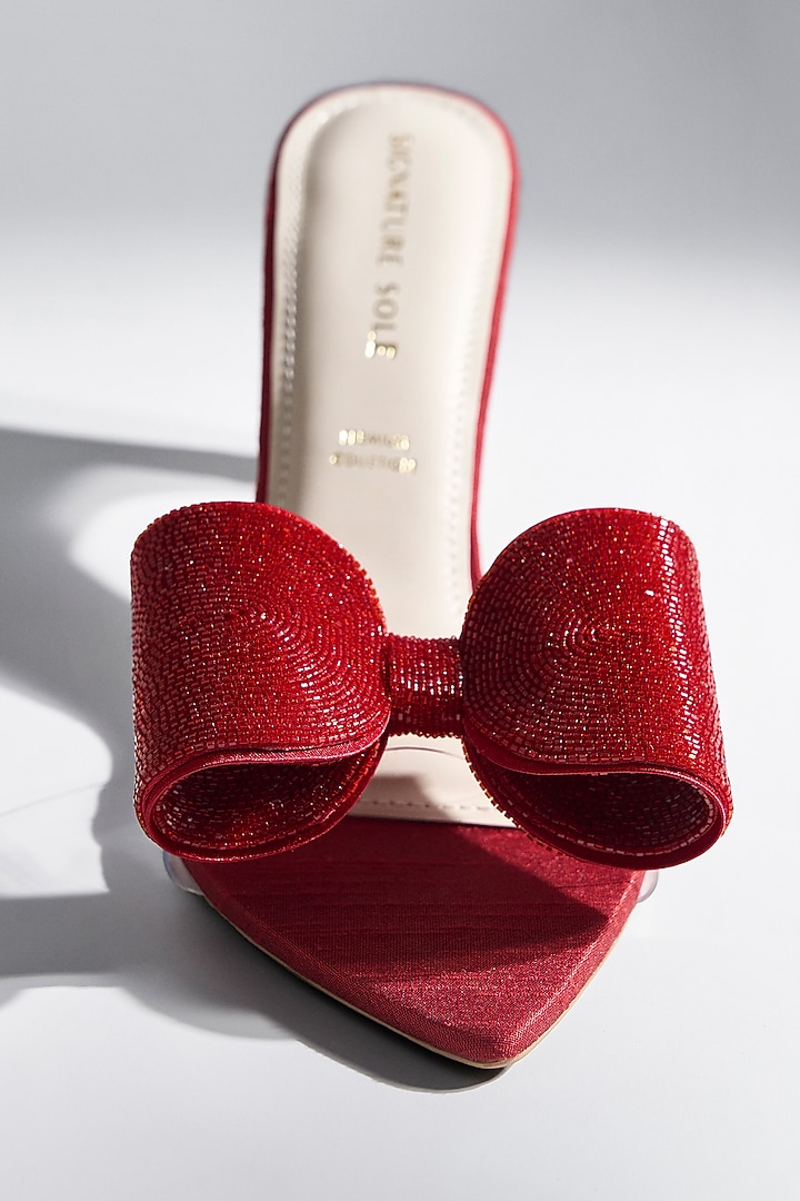 Red Satin Crystal Bow Heels by Signature Sole at Pernia's Pop Up Shop