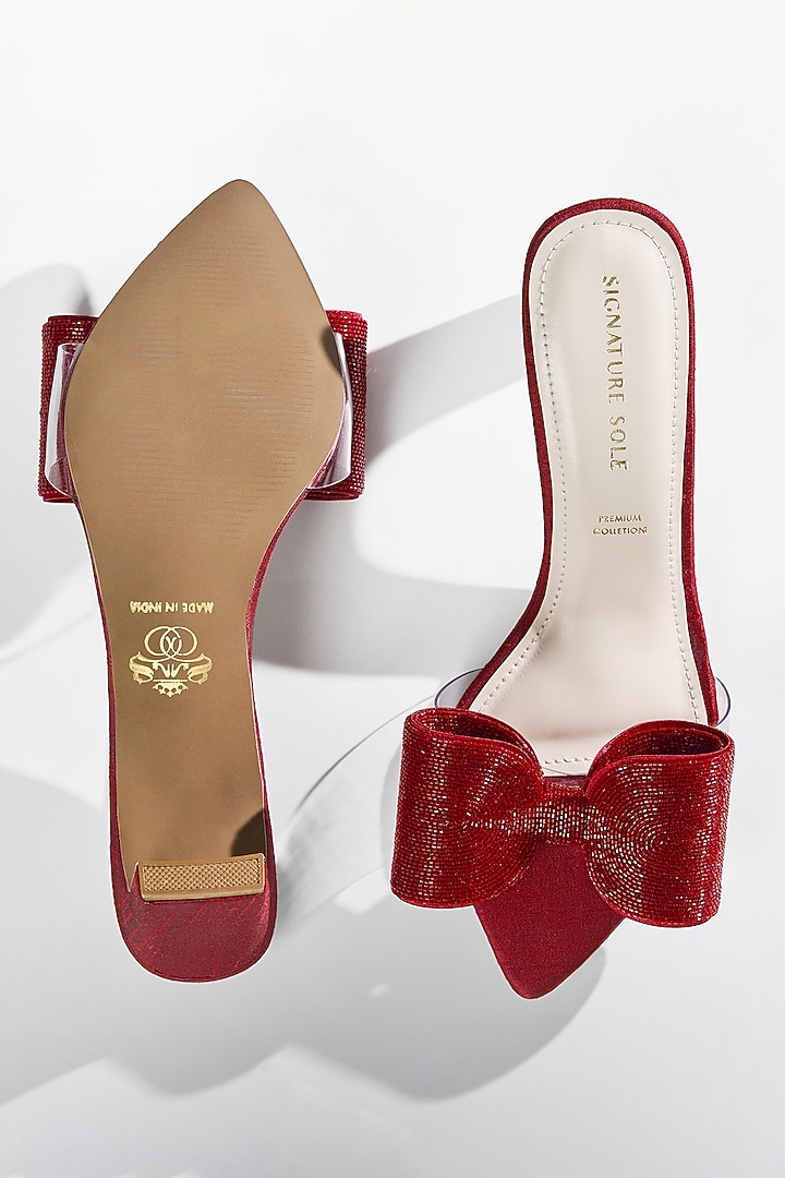 Red Satin Crystal Bow Heels by Signature Sole at Pernia's Pop Up Shop