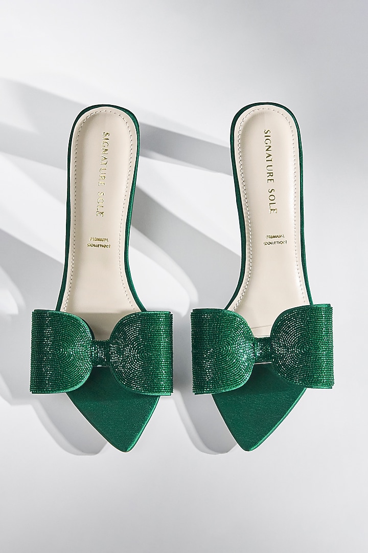 Emerald Green Satin Crystal Bow Heels by Signature Sole at Pernia's Pop Up Shop