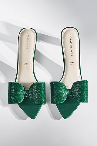 Emerald Green Satin Crystal Bow Heels by Signature Sole