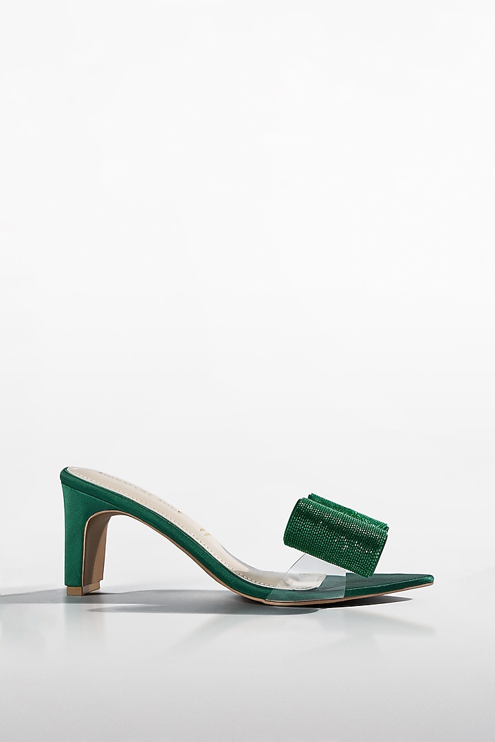 Emerald Green Satin Crystal Bow Heels by Signature Sole at Pernia's Pop Up Shop
