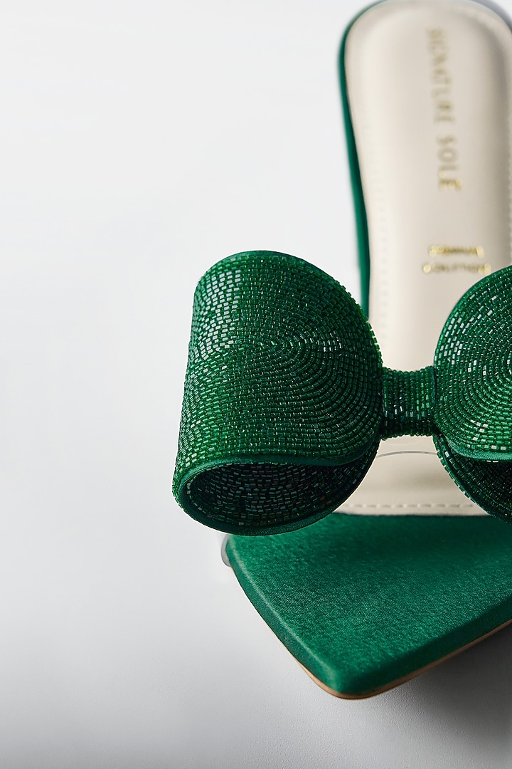 Emerald Green Satin Crystal Bow Heels by Signature Sole at Pernia's Pop Up Shop