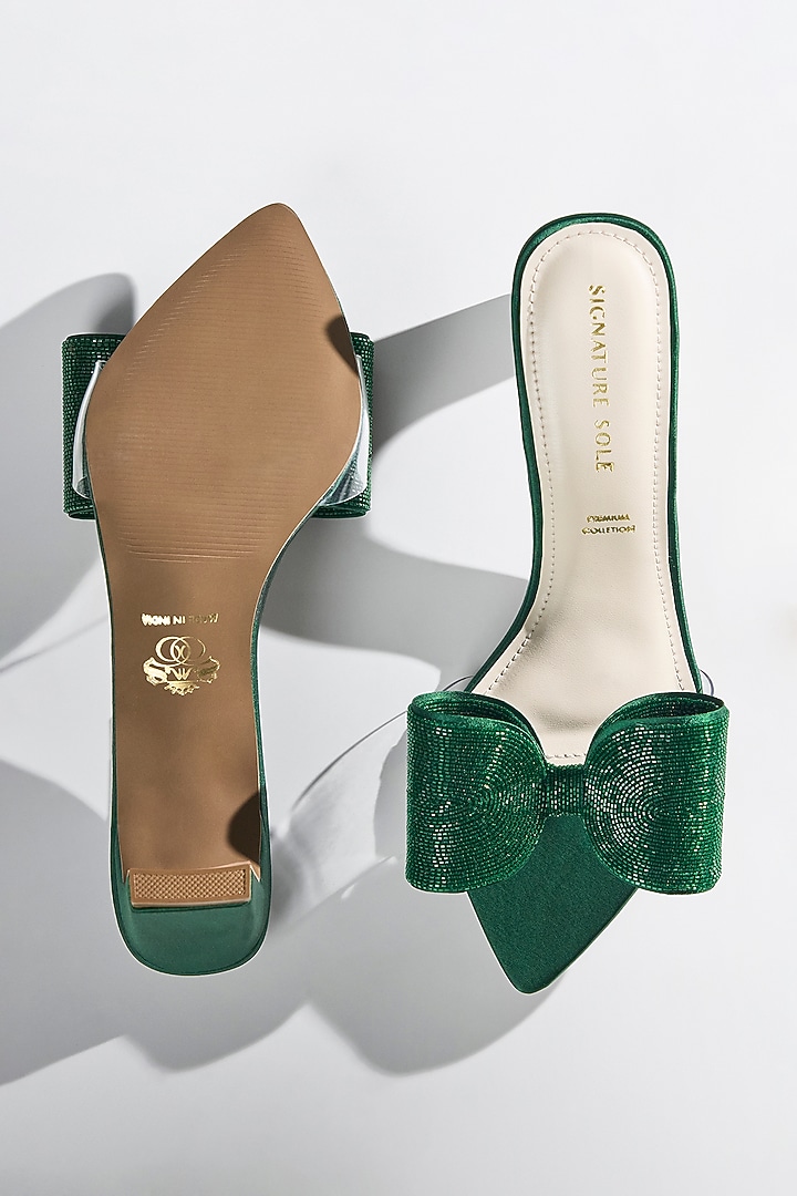 Emerald Green Satin Crystal Bow Heels by Signature Sole at Pernia's Pop Up Shop