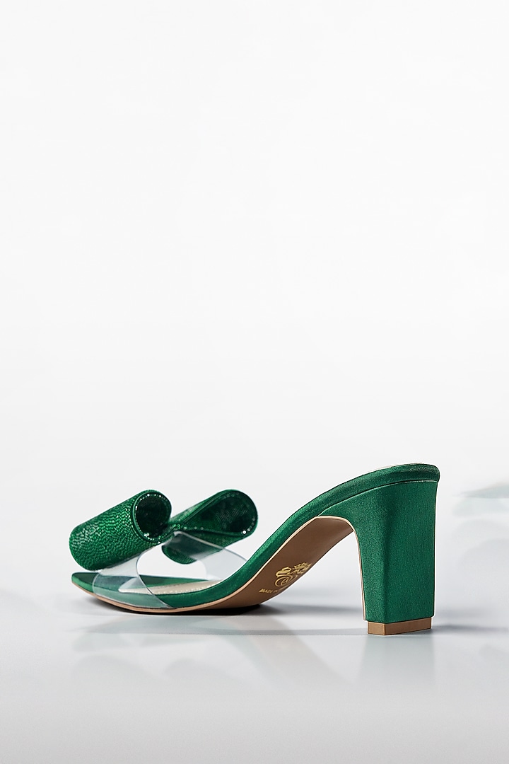 Emerald Green Satin Crystal Bow Heels by Signature Sole at Pernia's Pop Up Shop