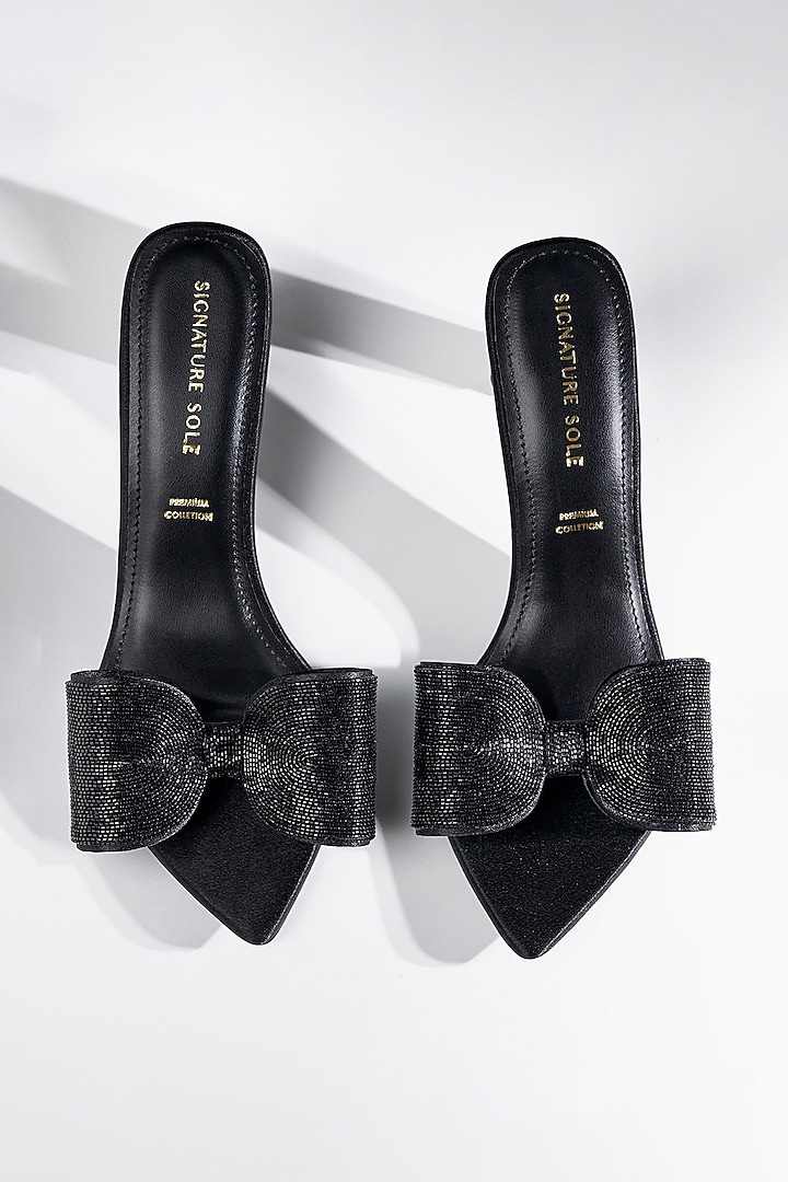 Black Vegan Leather Bow Heels by Signature Sole at Pernia's Pop Up Shop