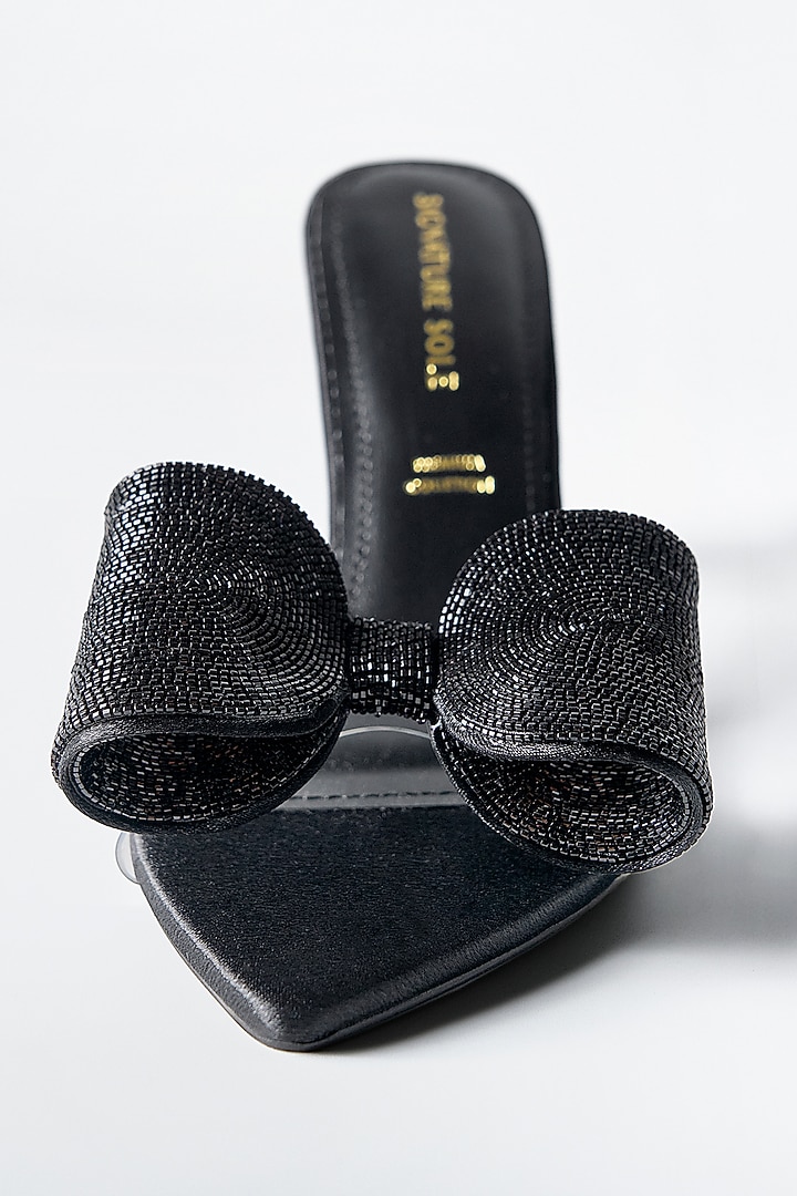 Black Vegan Leather Bow Heels by Signature Sole at Pernia's Pop Up Shop