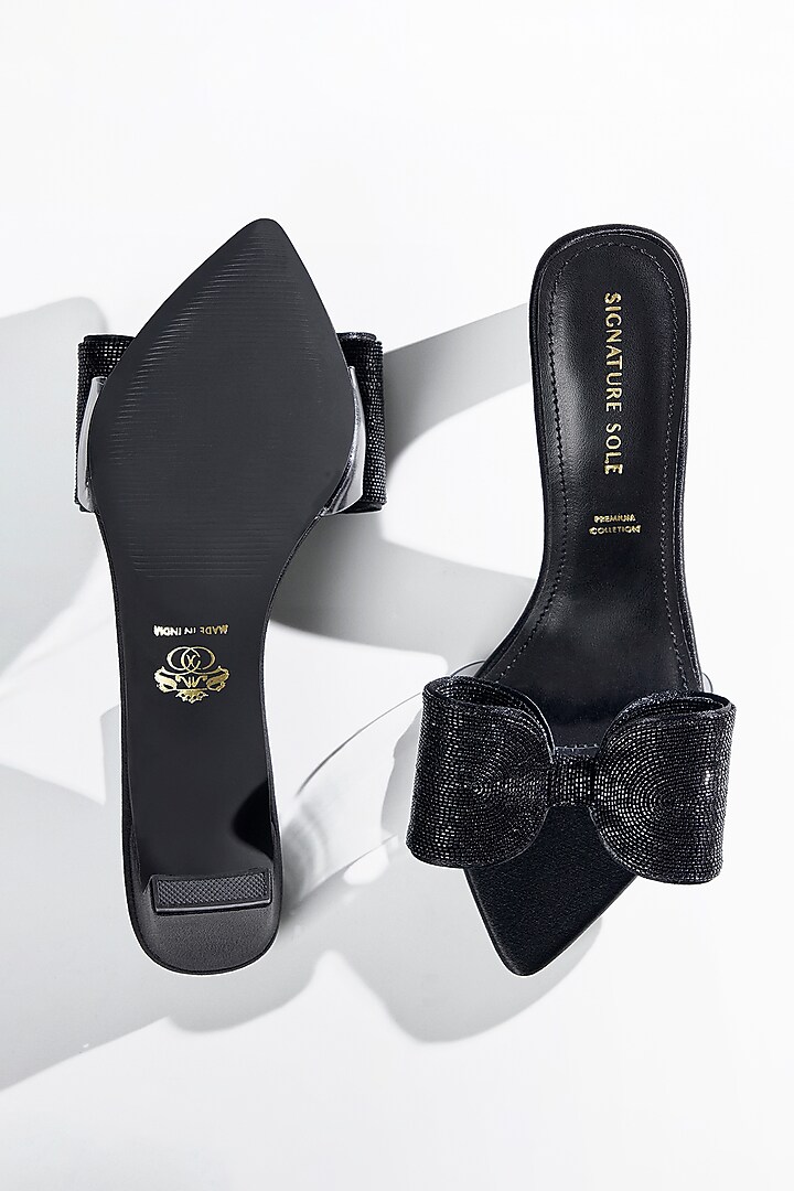 Black Vegan Leather Bow Heels by Signature Sole at Pernia's Pop Up Shop