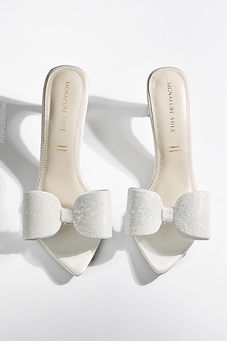 White Vegan Leather Crystal Bow Heels by Signature Sole