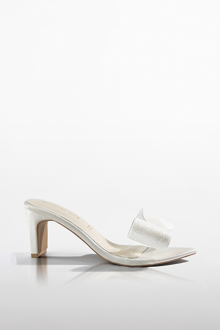 White Vegan Leather Crystal Bow Heels by Signature Sole at Pernia's Pop Up Shop