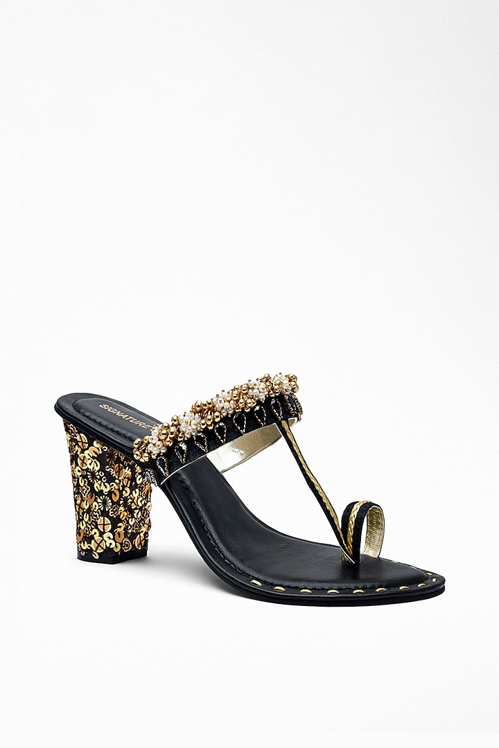 Black Anti-Slippery Rubber Embroidered Block Heels by Signature Sole at Pernia's Pop Up Shop