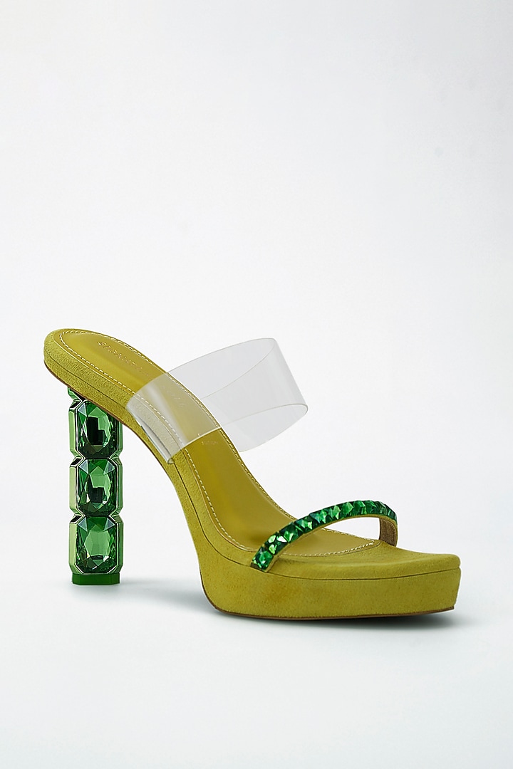 Green Vegan Leather Emerald Embellished Transparent Heels by Signature Sole at Pernia's Pop Up Shop