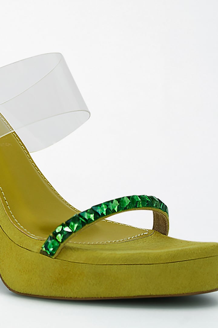 Green Vegan Leather Emerald Embellished Transparent Heels by Signature Sole at Pernia's Pop Up Shop