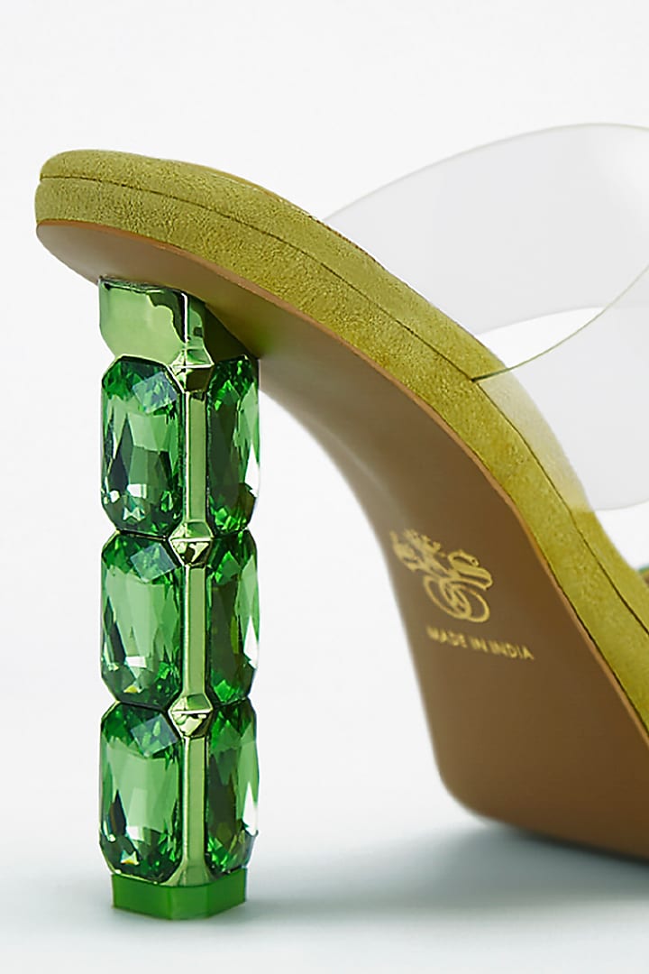 Green Vegan Leather Emerald Embellished Transparent Heels by Signature Sole at Pernia's Pop Up Shop