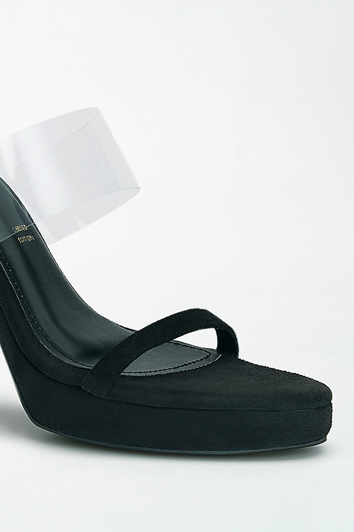 Black Vegan Leather Diamond Embellished Transparent Heels by Signature Sole at Pernia's Pop Up Shop