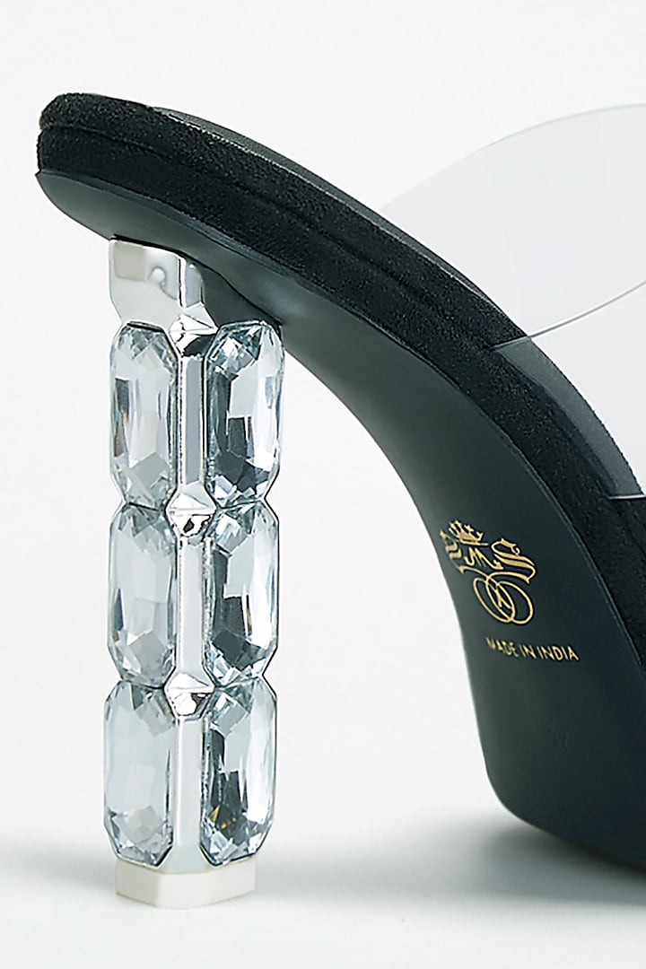 Black Vegan Leather Diamond Embellished Transparent Heels by Signature Sole at Pernia's Pop Up Shop
