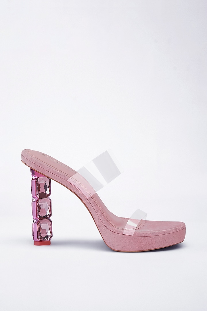 Pink Vegan Leather Diamond Embellished Transparent Heels by Signature Sole at Pernia's Pop Up Shop