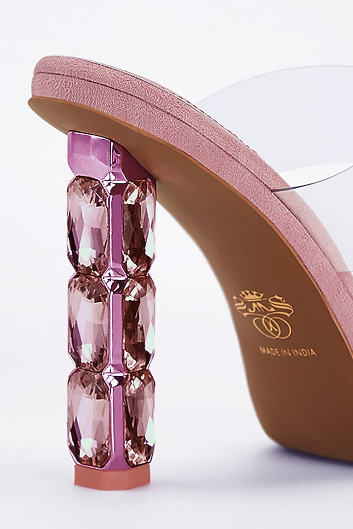 Pink Vegan Leather Diamond Embellished Transparent Heels by Signature Sole at Pernia's Pop Up Shop