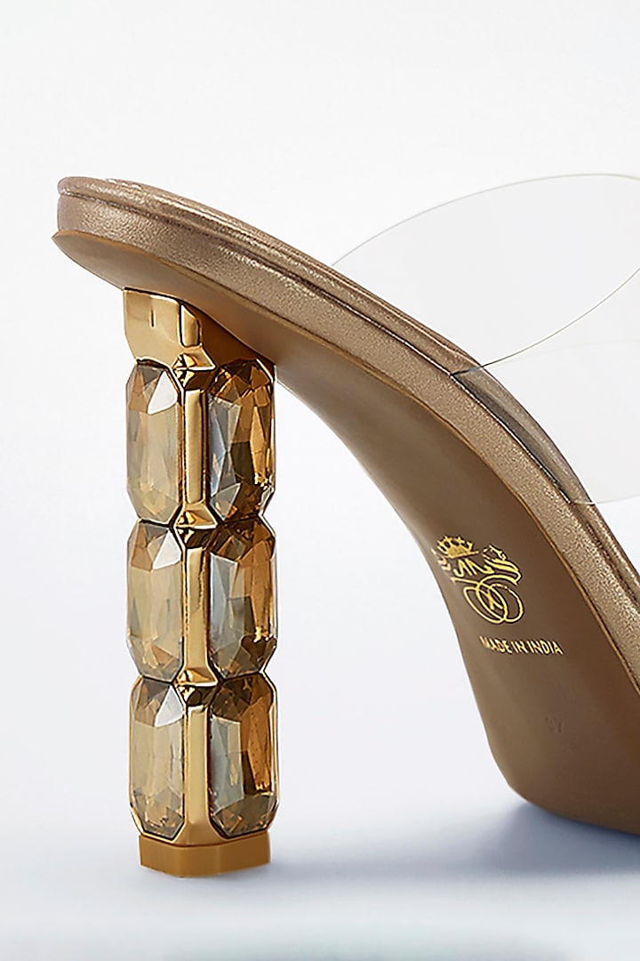 Gold Vegan Leather Diamond Embellished Transparent Heels by Signature Sole at Pernia's Pop Up Shop