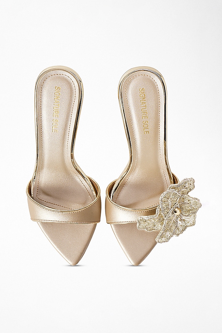 Metallic Gold Finish Anti-Slippery Rubber Floral Embroidered Heels by Signature Sole at Pernia's Pop Up Shop