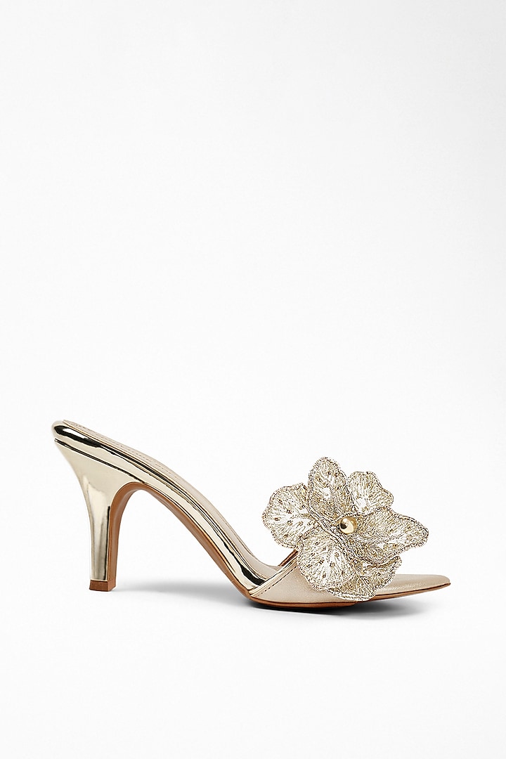 Metallic Gold Finish Anti-Slippery Rubber Floral Embroidered Heels by Signature Sole at Pernia's Pop Up Shop