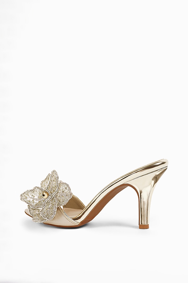 Metallic Gold Finish Anti-Slippery Rubber Floral Embroidered Heels by Signature Sole at Pernia's Pop Up Shop