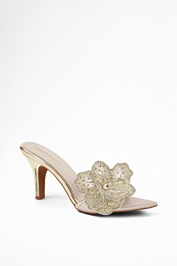 Metallic Gold Finish Anti-Slippery Rubber Floral Embroidered Heels by Signature Sole at Pernia's Pop Up Shop