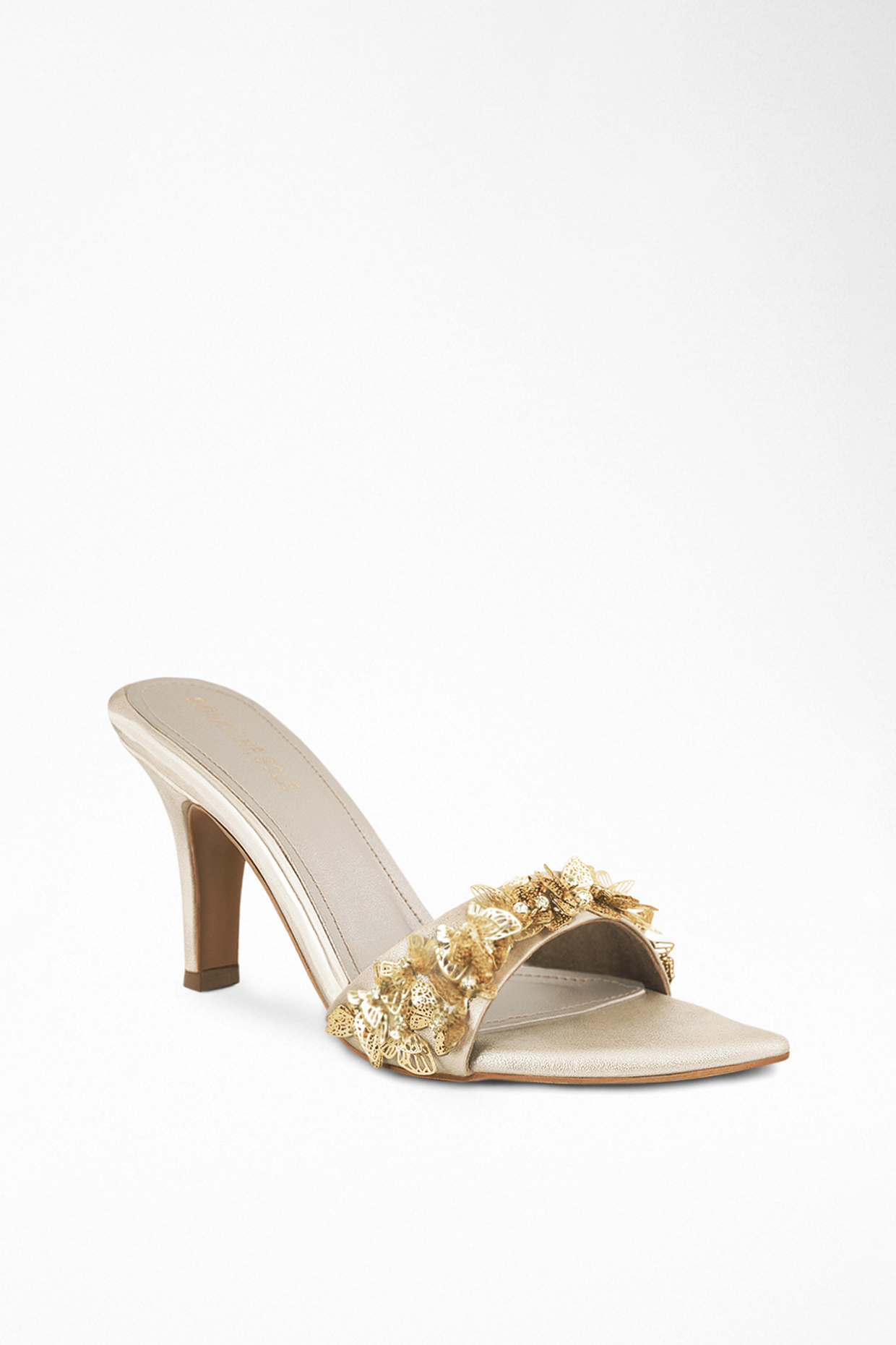 Metallic Gold Finish Anti-Slippery Rubber Butterfly Embroidered Heels by Signature Sole at Pernia's Pop Up Shop