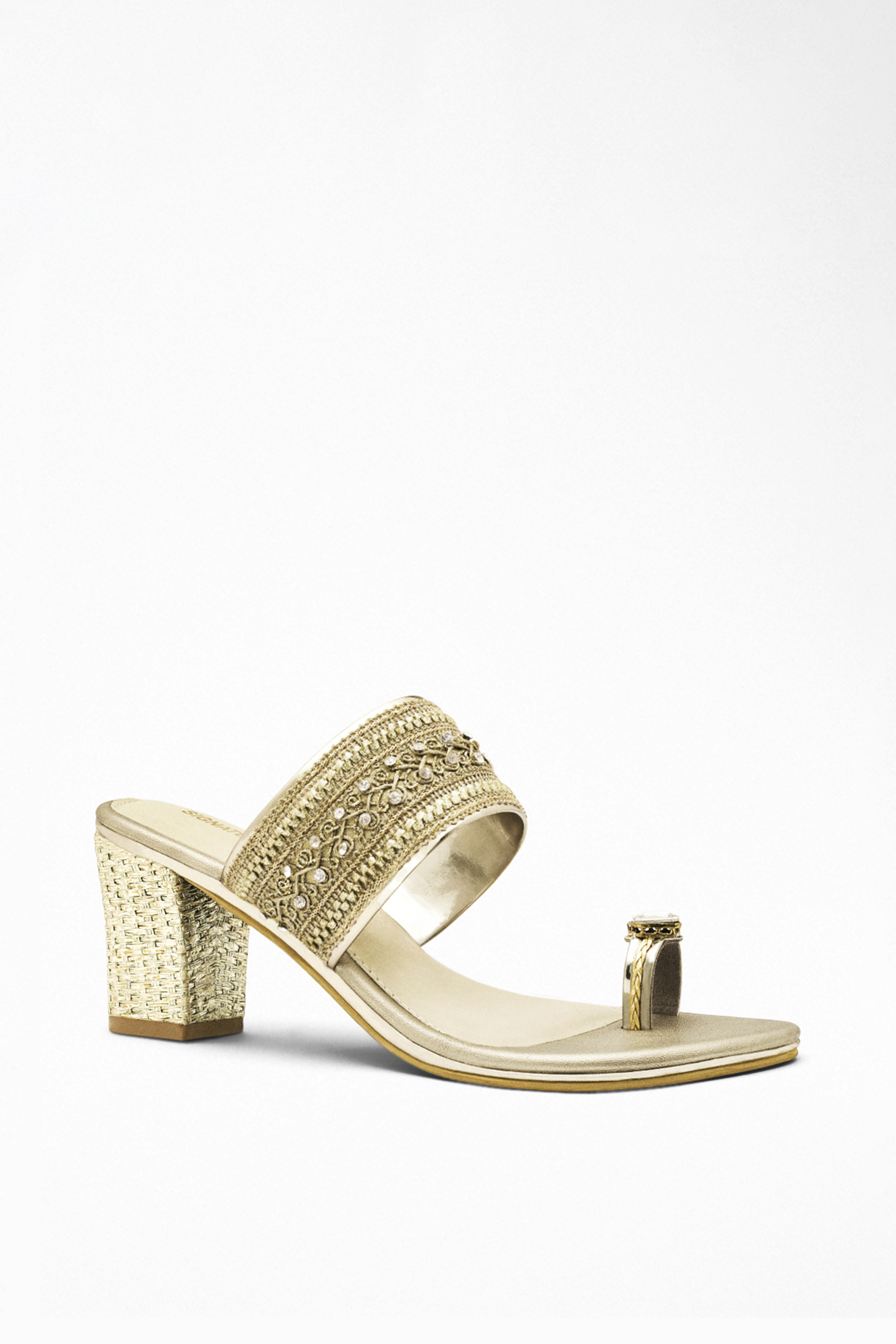 Gold Anti-Slippery Rubber Embellished Block Heels by Signature Sole at Pernia's Pop Up Shop