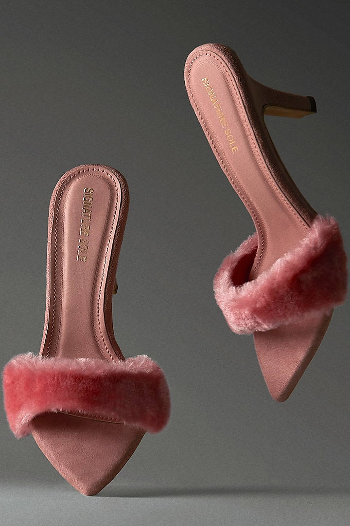 Pink Anti-Slippery Rubber Faux Fur Strap Pencil Heels by Signature Sole
