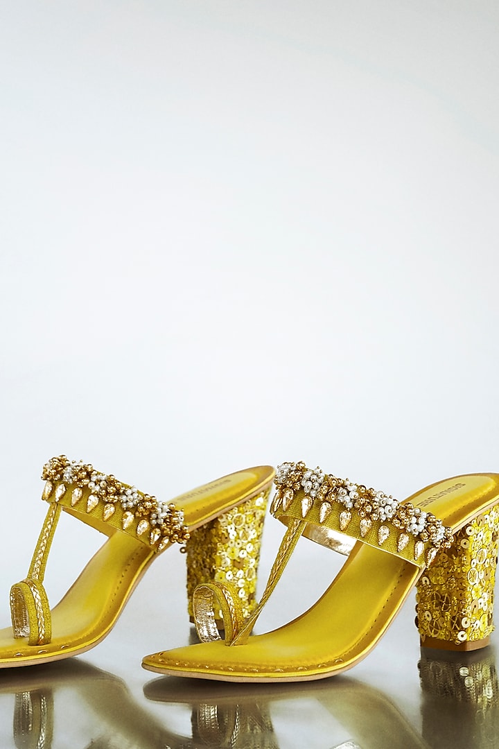 Yellow Anti-Slippery Rubber Embroidered Block Heels by Signature Sole