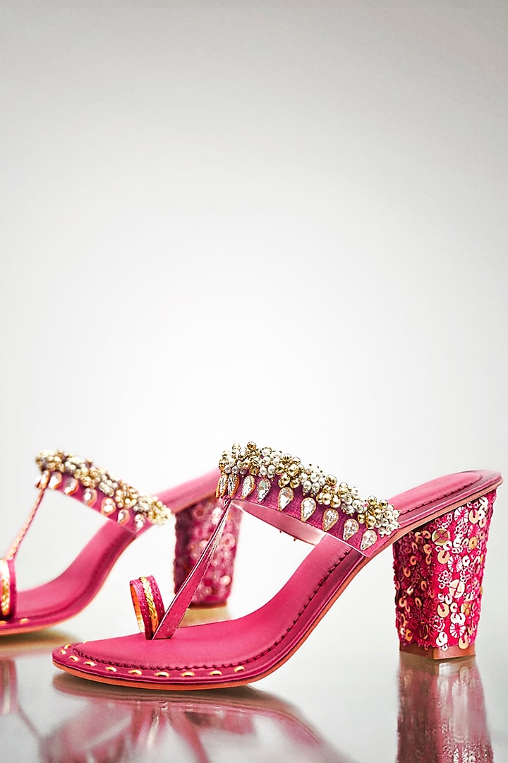 Pink Anti-Slippery Rubber Embroidered Block Heels by Signature Sole