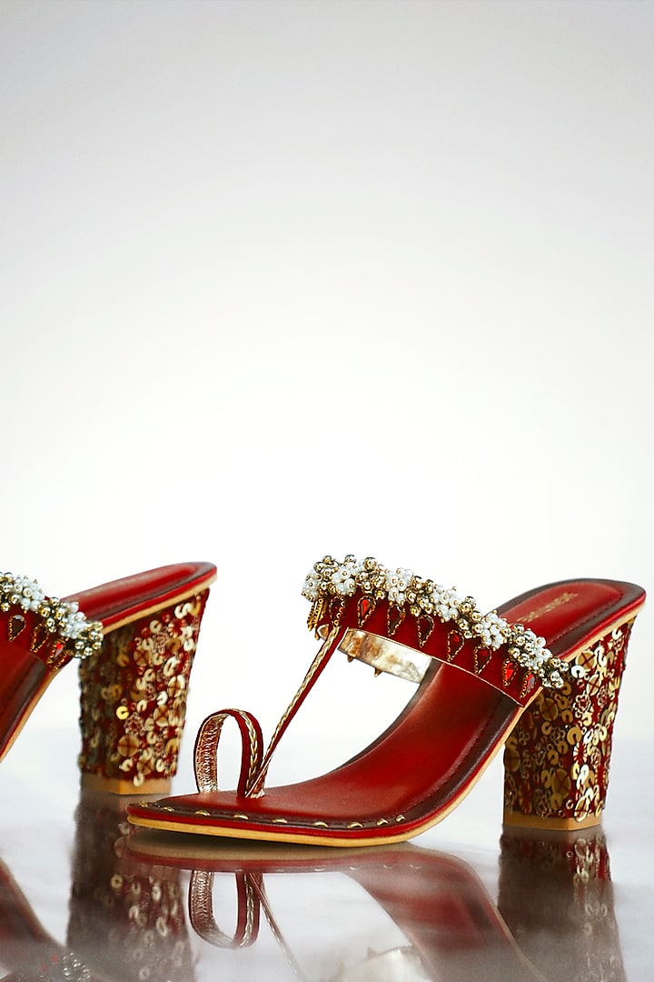 Red Anti-Slippery Rubber Embroidered Block Heels by Signature Sole