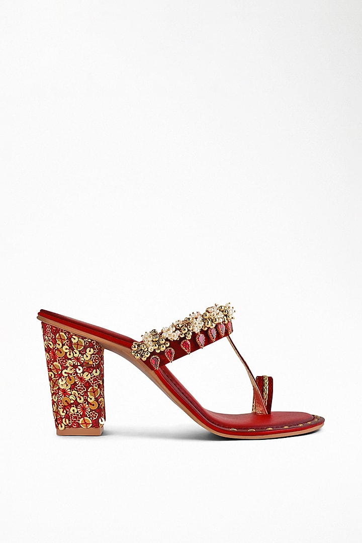 Red Anti-Slippery Rubber Embroidered Block Heels by Signature Sole at Pernia's Pop Up Shop