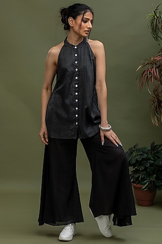 Black Handwoven Stripes Top by Smriti Gupta