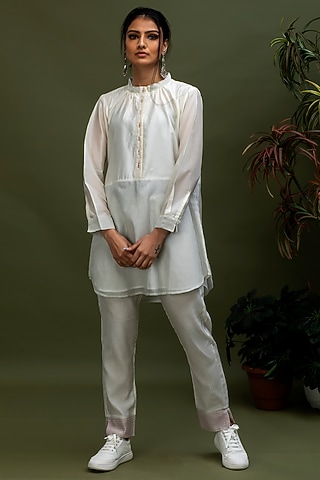 White Handwoven Stripes Long Top by Smriti Gupta
