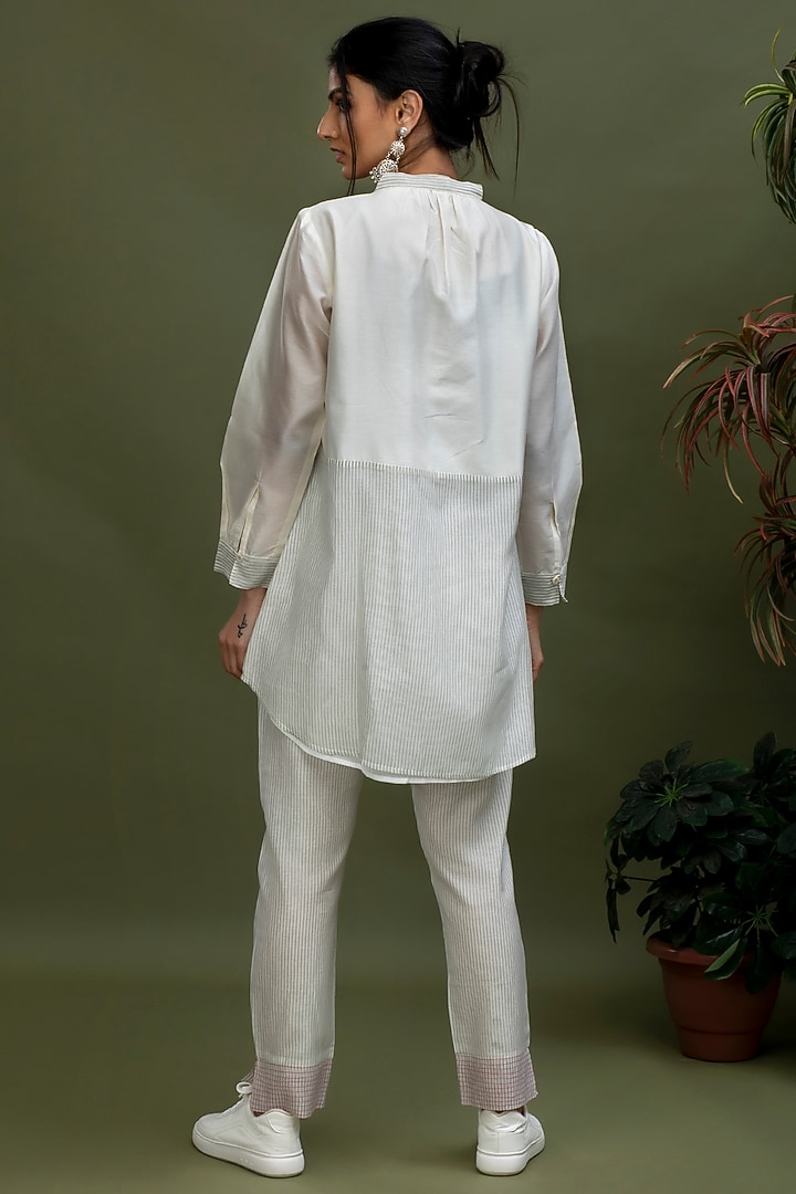 White Handwoven Stripes Long Top by Smriti Gupta at Pernia's Pop Up Shop