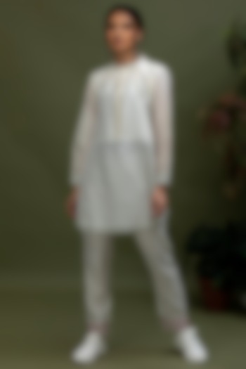 White Handwoven Stripes Pants by Smriti Gupta at Pernia's Pop Up Shop