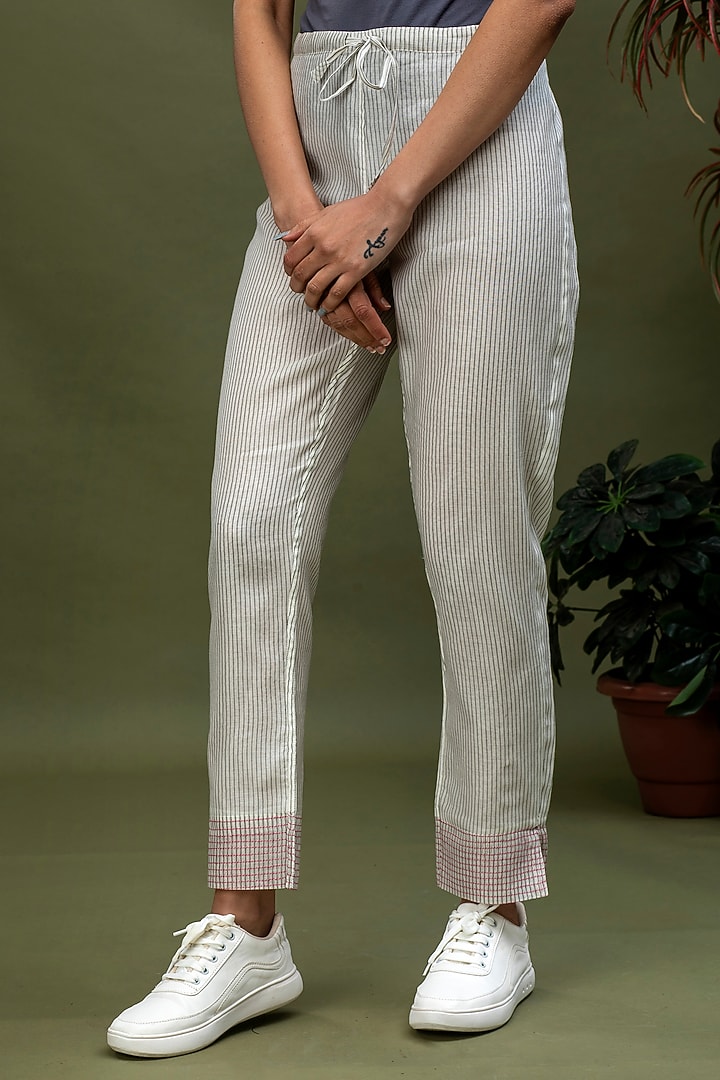 White Handwoven Stripes Pants by Smriti Gupta at Pernia's Pop Up Shop