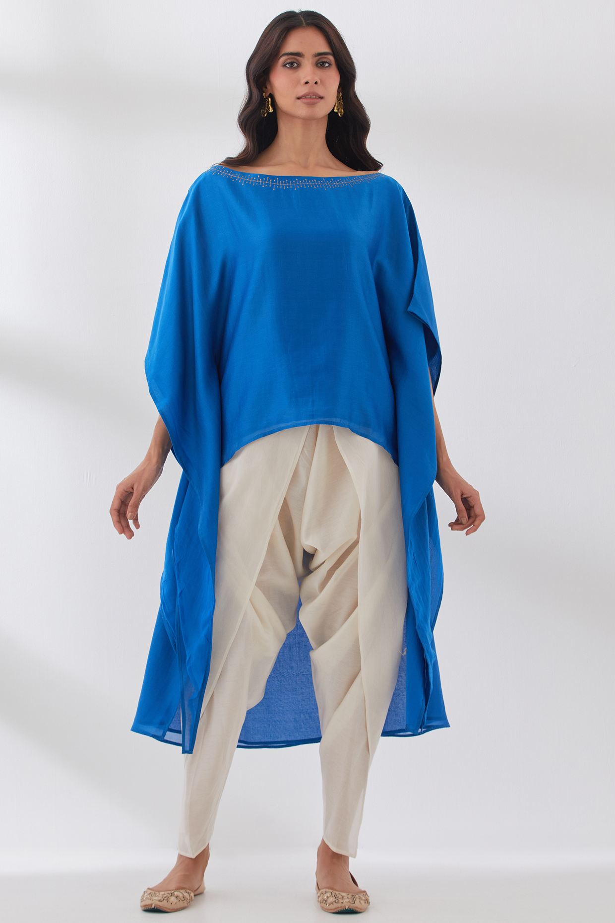 Ink Blue Pure Chanderi Hand Embroidered Kaftan Set by Smriti Gupta at Pernia's Pop Up Shop