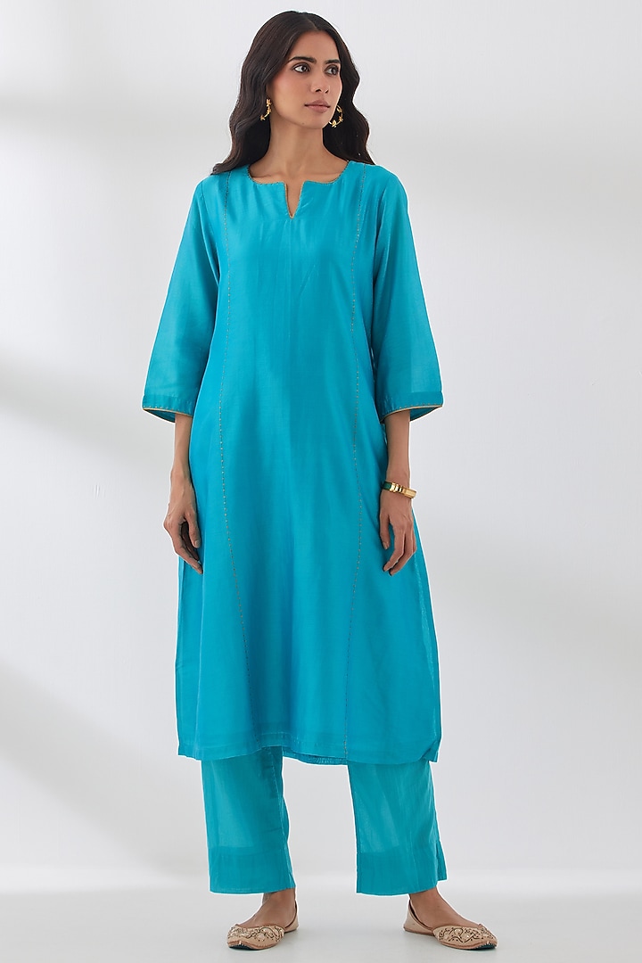 Turquoise Pure Chanderi Kurta Set by Smriti Gupta at Pernia's Pop Up Shop