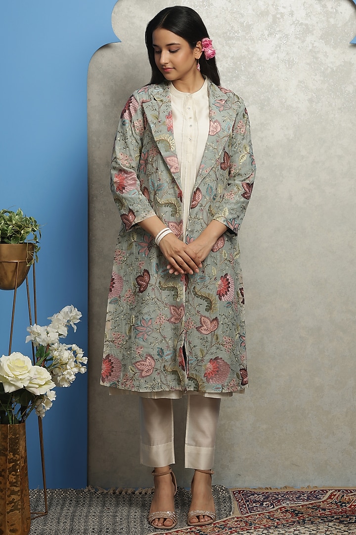 Multi-Colored Chanderi Floral Embroidered Jacket by Smriti Gupta